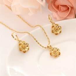 women Jewelry set cute 18 K Solid Gold GF rose Pendant flower Necklaces Earrings Europe Wedding girl Gift affection278A