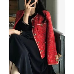 Women's Suits Blazers Tweed Blazers Women's Short Ins Autumn Winter Loose Red Round Neck Single-Breasted Suit Jacket 231212