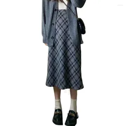 Skirts Winter Women 2023 90s Vintage Clothes Elastic High Waisted Argyle Plaid Skirt Long Split Midi Wool