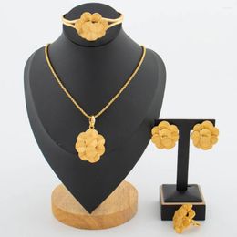 Necklace Earrings Set Luxury Jewelry For Women 18k Gold Color Flower Design With Bangle Ring Bride Daily Gifts