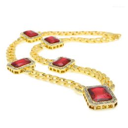 Chains Men'Miami Cuban Link Necklace Gold Silve Colour 5pcs Square Red Gem Crystal 30 Full Rhinestone Hip Hop Rock Jewel288K