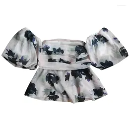 Women's Blouses Chiffon Shirt Sexy Short Sleeved Ink Painting One Shoulder