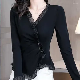 Women's Blouses Elegant Button Folds Ruffles Asymmetrical Clothing 2023 Autumn Winter Loose Korean Tops Princess Sleeve Shirts