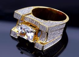 Cubic Zirconia Ice Out Bling Golden Big Wide Hip Hop Rings Gold Color Geometric Men Hiphop Rapper CZ Ring Jewelry6281183