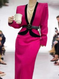 Work Dresses 2023 Autumn Winter Fashion Elegant Skirt Set Women Rose Red Belt Coat High Waist Midi Office Lady