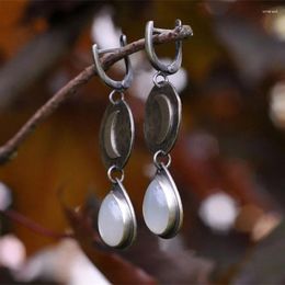 Dangle Earrings Vintage Metal Hand Carved Moon Pattern Fashion Ladies Inlaid White Moonstone Jewelry