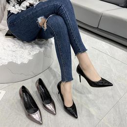 Dress Shoes Large Fashion Checker Pattern Lacquer Leather High Heels French Pointed Single Women's Temperament
