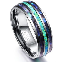 Somen 8mm Luxury Silver Colour Tungsten Carbide Ring Blue Fire Opal & Shell For Men Women Wedding Engagement Ring Bague Homme MX200185c