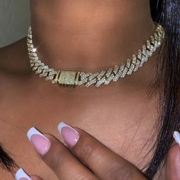 Pendant Necklaces Trend Crystal 14MM Prong Cuban Link Chain For Women Iced Out AAA 2 Row Miami Choker Necklace Unisex Hip Hop Jewellery 231212