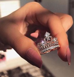 Classic Crown Ring Vintage Jewelry Real 925 Sterling Silver Round Cut White Topaz CZ Diamond Gemstones Eternity Women Wedding Hear1667031