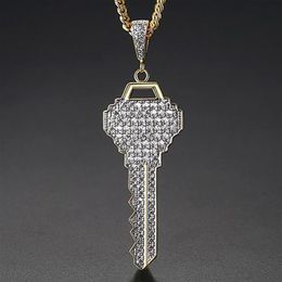 New Men's Key Pendants Necklace Ice Out Cubic Zircon Gold Colour Fashion Rock Street Hip Hop Jewellery With Chain For Gift232V