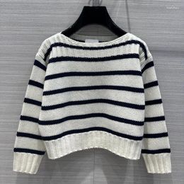 Women's Sweaters 2023 Foreign Trade Wholesale Vintage Casual Girl Versatile One-neck Stripe Cropped Cashmere Sweater