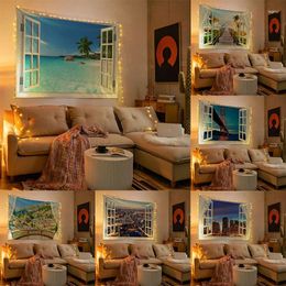 Tapestries Tapestry Wall Decor Beautiful Window Sea View Scenery Home Decoration Background Cloth