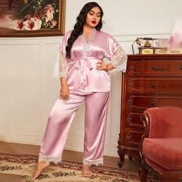 Women's Sleepwear Summer Sexy Pink Lace Pyjamas Ice Silk Trousers Women Plus Size Cardigan Casual For