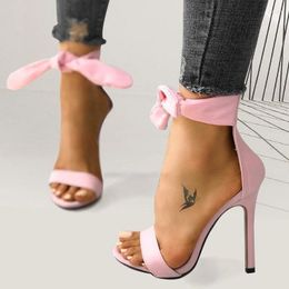 Sandals Comemore Ankle Strap Bowknot Shoes Thin Heels Elegant Pumps Women's Summer Footwear 2023 Trend Pink Yellow High Heel