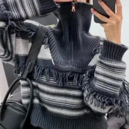 Women's Sweaters Vintage Zipper Long Sleeve Knit Pullovers Women Stripe Tassel Turtleneck Sweater Autumn Winter Lady Tops Sueters De Mujer