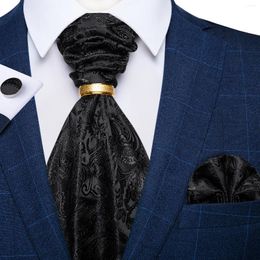 Bow Ties DiBanGu Mne's Black Paisley Ascot With Gold Ring Pocket Square Cufflinks Luxury Wedding Party Unique Cravat Corbatas Para Hombr