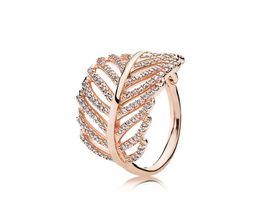 925 Sterling Silver Feather Rings with Clear CZ Diamond fit style Jewellery for Women 18K Rose Gold Crystal Wedding Ring8605849