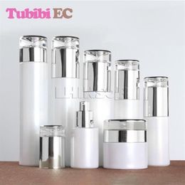 5pcs lot Pearl White Glass Silver Cover Spray Lotion Press Pump Bottles Cream Jars High-grade Cosmetic Packaging Containers12923