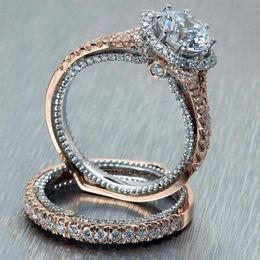 Vintage Fashion Jewellery 925 Sterling Silver&Rose Gold Fill Round Cut White Topaz CZ Diamond Couple Rings Eternity Women Wedding Br287O