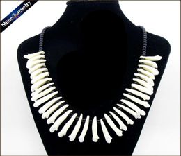 Real Wolf Tooth Fangs Canine Pendant Chain Black Glass Beaded Strand Choker Chunky Statement Bib Necklace Amulet Tribal Jewellery 208816611