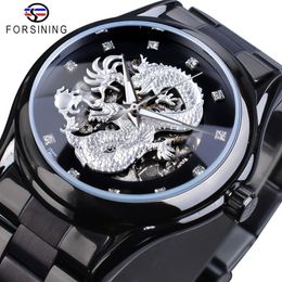 Forsining Silver Dragon Skeleton Automatic Mechanical Watches Crystal Stainless Steel Strap Wrist Watch Men's Clock Waterproo244y