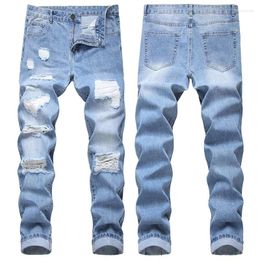 Men's Jeans Straight Fmen's Non-stretch Denim Trousers Light Blue It Ripped Dali