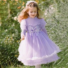 Girl Dresses Girl's Mesh Dress 2023 Autumn And Winter Bow Princess Style Fluffy Skirt With Bubble Sleeves