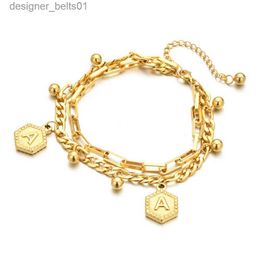 Charm Bracelets Figaro Chain Bracelet With Letter A-Z Initial Alphabet Charms Bracelets For Women Men Gold Color Stainless Steel Fashion JewelryL231214