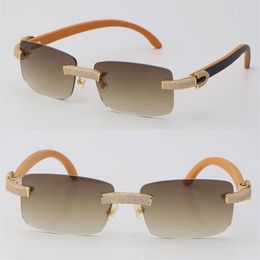 New Micro-paved Diamond Rimless Wooden Womans Sunglasses Original Black Inside Orange Wood mens Rocks Frame Male and Female Eyewea253U