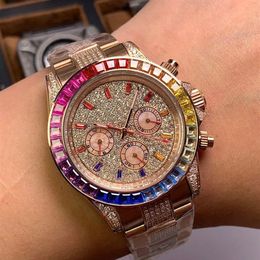 Zircon Diamond Mens Watch Automatic Mechanical Watches 43mm Montre de Luxe Lady Wristwatches Rainbow Diamond Ring Mouth284u