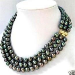 3 row 7-8MM Black akoya Pearl Necklace 17-19inch283v