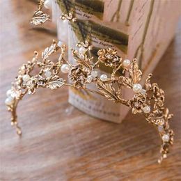 Vintage Baroque Gold Pearl Leaf Bridal Tiara Crystal Crown Hairband Headpiece Vine Wedding Hair Accessories Bride Headband 210701246o