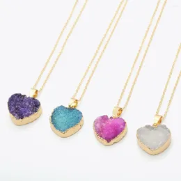Pendant Necklaces Colorful Natural Stone Quartz Necklace Heart Shape Drusy Gold Color Chain For Women Jewelry Gift
