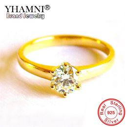 Yellow Gold Wedding Rings 5 5mm Lab Diamond Stone Classic Luxury Six Claw 925 Silver Ring for Women Engagement fashion Jewelry R04322Y