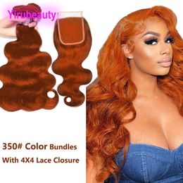 Yirubeauty 350# Colour Peruvian Indian Raw Virgin Hair 3 Bundles With 4X4 Lace Closure 10-30inch Body Wave Free Part Double Wefts With Top Closures