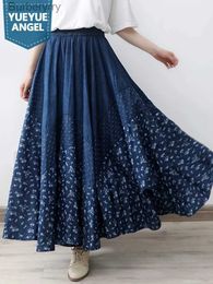 Skirts Shipping Long A-Line Maxi Skirts Print Women Belt Elastic Waist Spring Autumn Denim Jean Skirt Lady Blue Pleated SkirtL231212