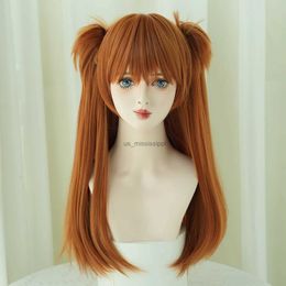 Synthetic Wigs 7JHH WIGS Anime Cosplay Wigs Long Straight Orange Wig with Bangs Costume Synthetic Wig with Clip on Double Ponytails Party HairL240124