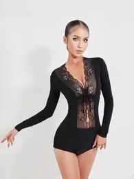 Stage Wear Classic Latin Dance Lace Top Bodysuit Long Sleeves Ballroom Practice Training Leotard With Bra ZYMdancestyle #19115