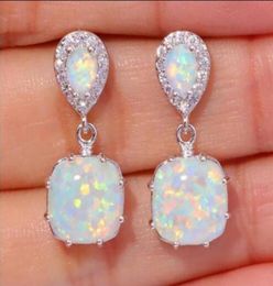 Fashion Women White Fire Opal Cubic Zirconia Silver Plated Earrings Wedding Engagement Cocktail Party Gift7411807