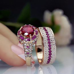 Wedding Rings Vintage Rose Gold Engagement Ring Set Female Fashion Round Crystal Luxury Bridal Red Zircon Stone For Women290e