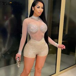 Women's Jumpsuits Rompers Kricesseen Sexy Diamond Crystal Skinny Short Jumpsuit Women New Stand Long Sleeve See Through Playsuit Night Clubwear RompersL231212