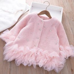 Jackets Child Coat Girls Pinned Cotton Jacket Fall 2023 Kids Sweet Princess Temperament Lace Sweater Baby Girl Winter Clothes