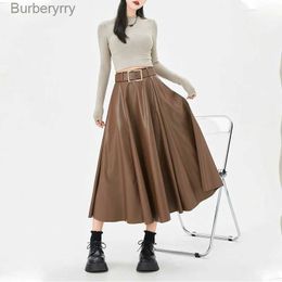 Skirts PU Leather Skirt for Women with Belt 2023 Autumn Winter Fashion High Waist Loose Large Swing A-line Long SkirtsL231212