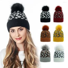 Berets Autumn And Winter Knitted Hat Women Leopard Pattern Fashion Warm Big Wool Ball Gorros Invierno Mujer Beanies