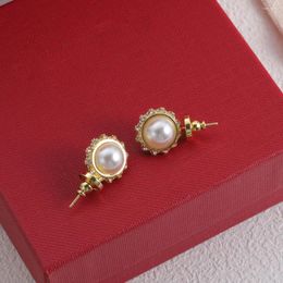 Stud Earrings Vintage Copper Gold Plated Pearl Inlay Fashion Women's Jewelry