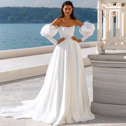 2024 Vintage Wedding Dress Strapless Long Puffy Sleeves Satin A-line Bridal Party Gown Custom Made For Woman Vestido De Noiva