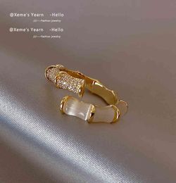 2022 Design Opals Bamboo Shape Gold Adjustable Open Rings Korean Fashion Jewellery Party Luxury Accessory for Woman Girls Gift7533130