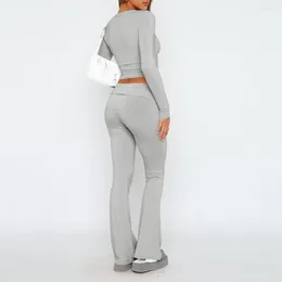 Women's Two Piece Pants Women Sportswear Set 2-piece Long Sleeve Round Neck T-shirt Slim Fit High Waist Trousers Vintage Pilates