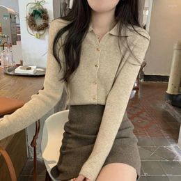 Women's Blouses Fall Winter Women Top V Neck Lapel Single-breasted Long Sleeve Pure Color Soft Elastic Knitted Slim Fit One Size Casual